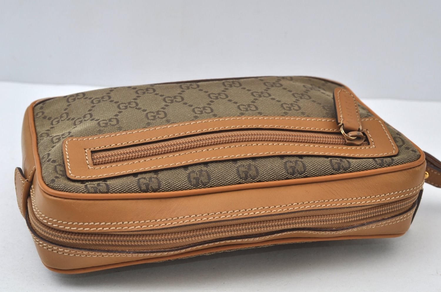 Authentic GUCCI Vintage Clutch Hand Bag Purse GG Canvas Leather Brown 6352J
