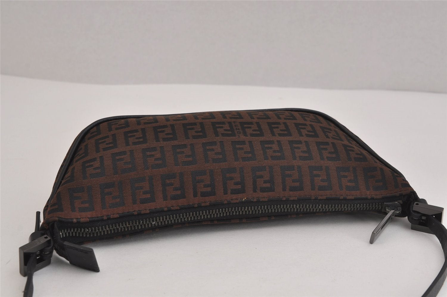 Authentic FENDI Vintage Zucchino Hand Bag Pouch Purse Canvas Leather Brown 6359J