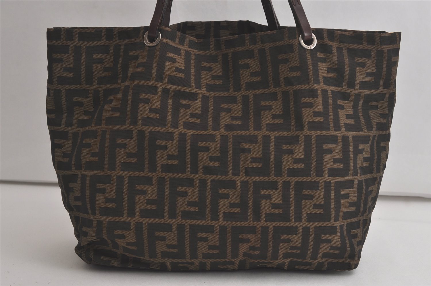 Authentic FENDI Vintage Zucca Shoulder Tote Bag Nylon Leather Brown 6364K