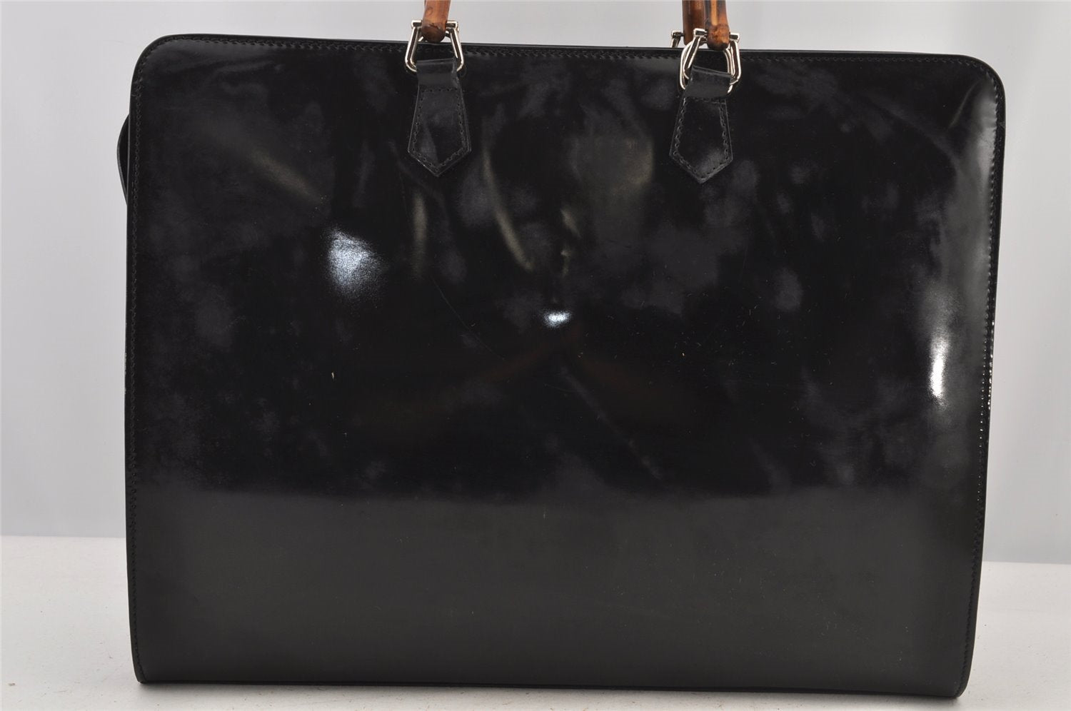 Authentic GUCCI Bamboo 2Way Shoulder Briefcase Business Bag Enamel Black 6407J