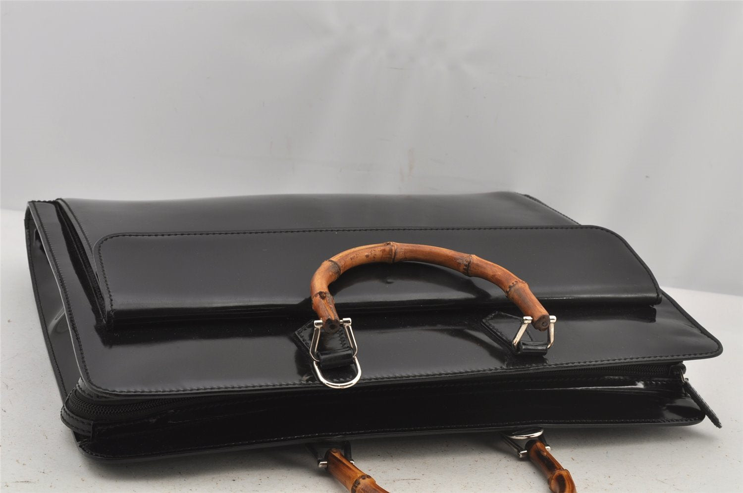 Authentic GUCCI Bamboo 2Way Shoulder Briefcase Business Bag Enamel Black 6407J