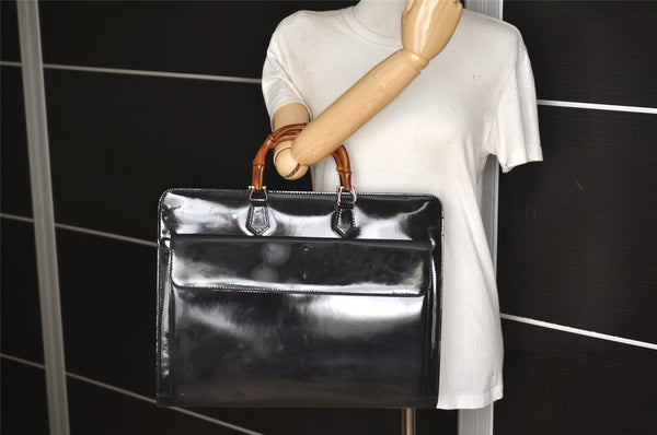Authentic GUCCI Bamboo 2Way Shoulder Briefcase Business Bag Enamel Black 6407J