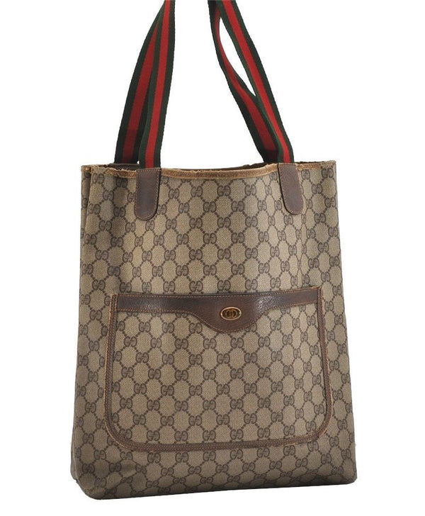 Authentic GUCCI Web Sherry Line Shoulder Tote Bag GG PVC Leather Brown 6413J