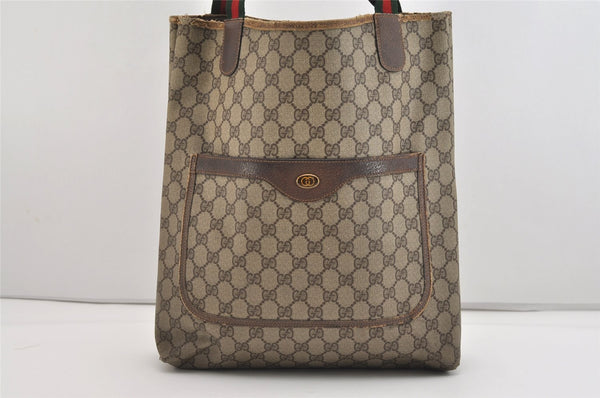Authentic GUCCI Web Sherry Line Shoulder Tote Bag GG PVC Leather Brown 6413J