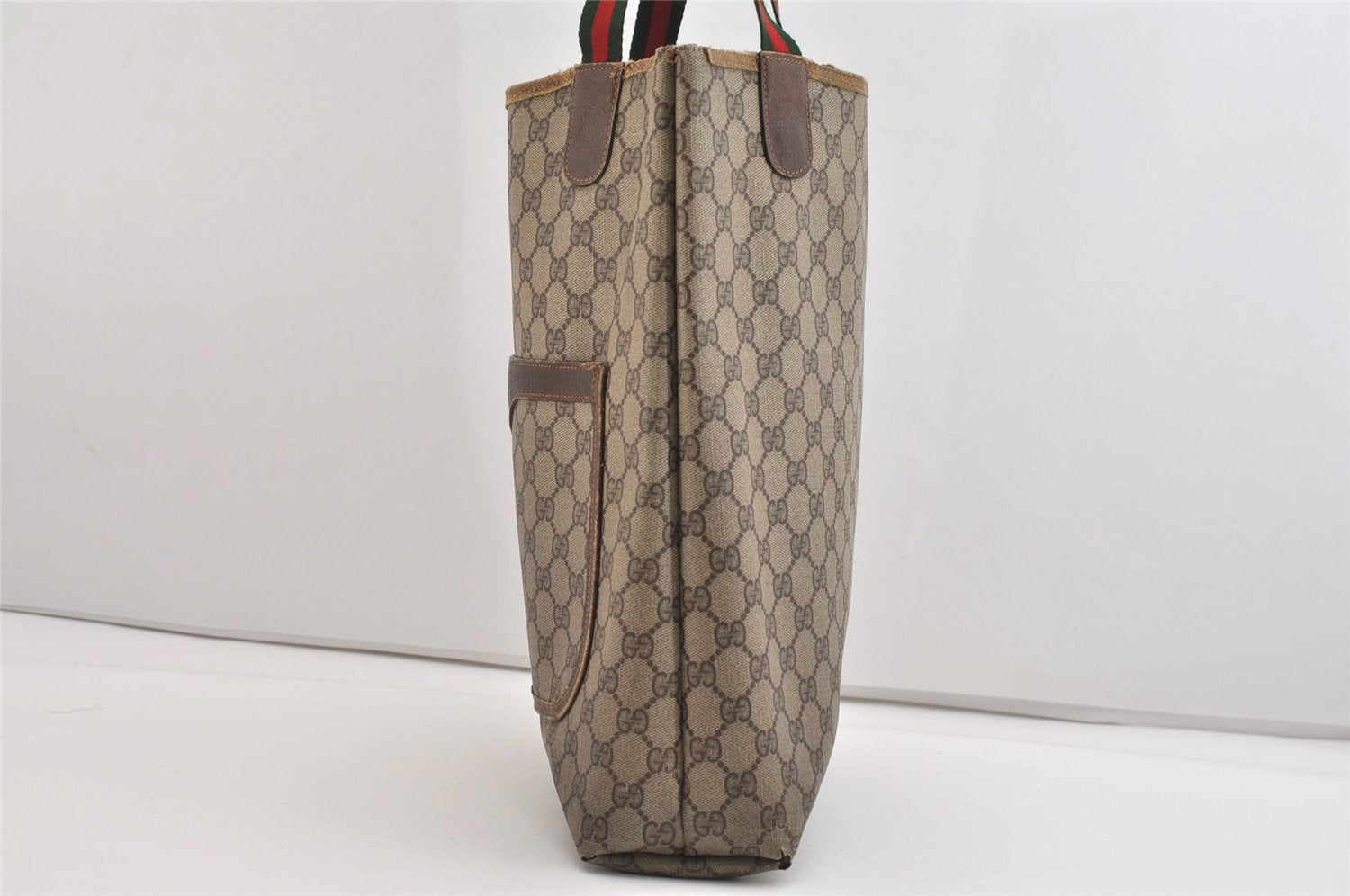 Authentic GUCCI Web Sherry Line Shoulder Tote Bag GG PVC Leather Brown 6413J