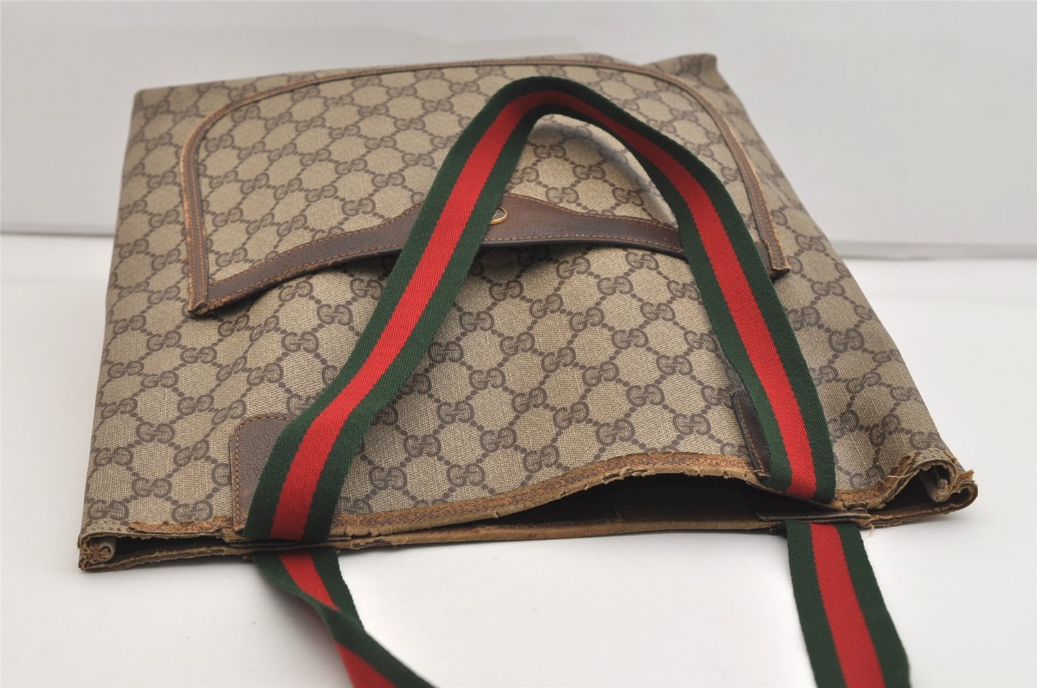 Authentic GUCCI Web Sherry Line Shoulder Tote Bag GG PVC Leather Brown 6413J