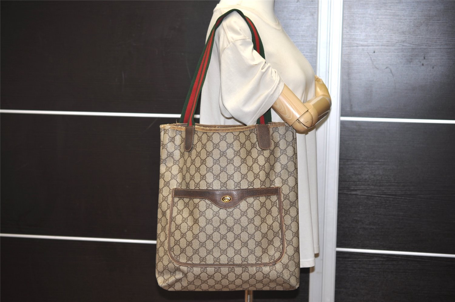 Authentic GUCCI Web Sherry Line Shoulder Tote Bag GG PVC Leather Brown 6413J