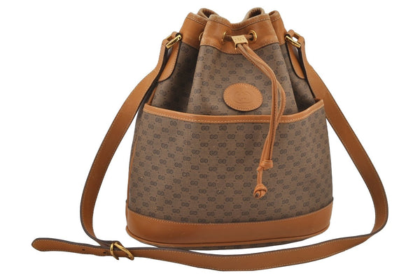 Authentic GUCCI Micro GG PVC Leather Shoulder Drawstring Bag Brown Junk 6417J