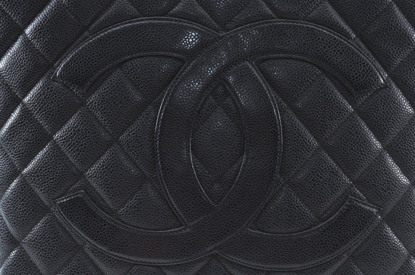 Authentic CHANEL Caviar Skin Medallion CC Logo Shoulder Tote Bag Black 6417K