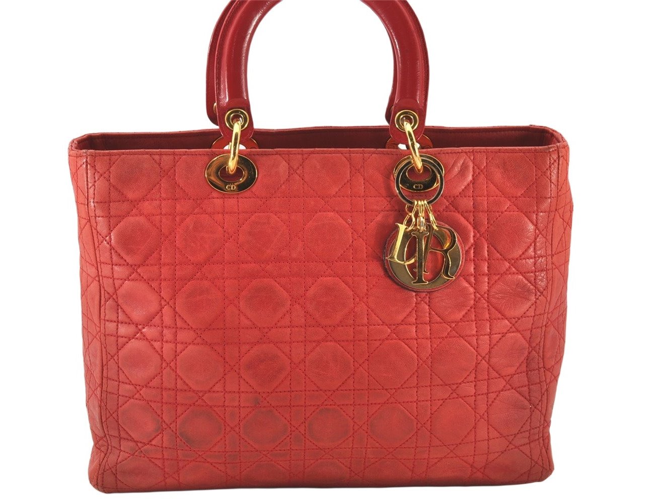 Authentic Christian Dior Lady Dior Lamb Skin Cannage Hand Bag Red CD 6418K