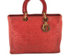 Authentic Christian Dior Lady Dior Lamb Skin Cannage Hand Bag Red CD 6418K