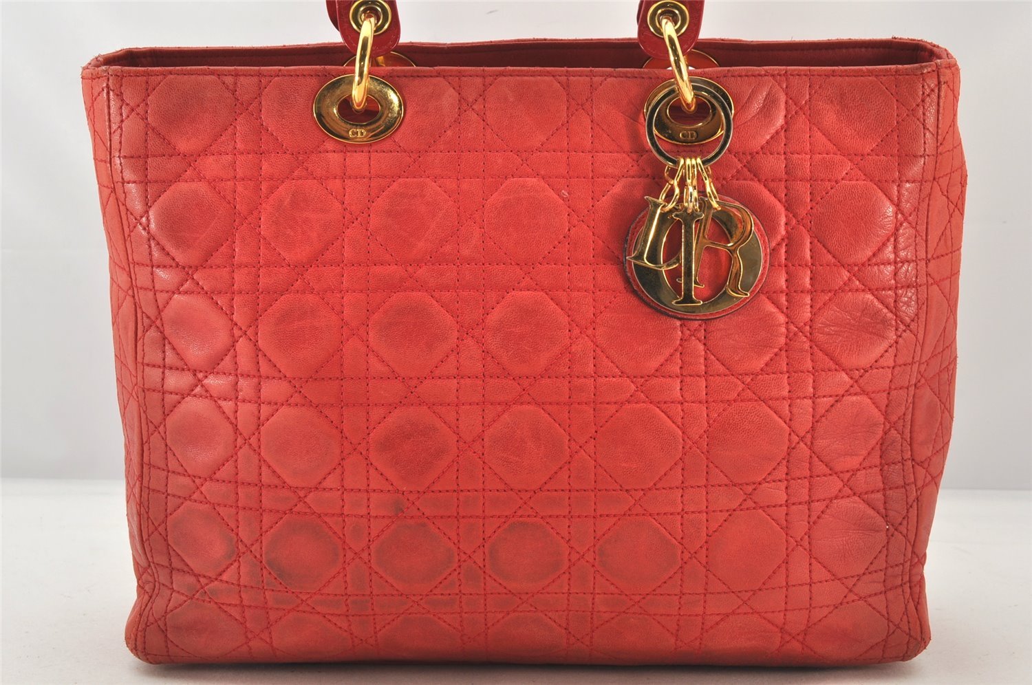Authentic Christian Dior Lady Dior Lamb Skin Cannage Hand Bag Red CD 6418K