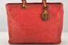 Authentic Christian Dior Lady Dior Lamb Skin Cannage Hand Bag Red CD 6418K