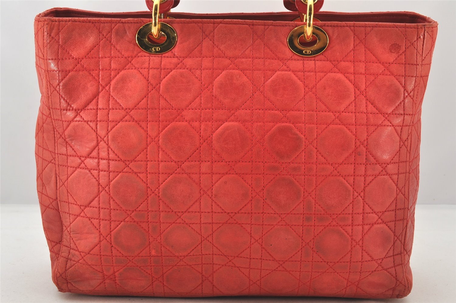 Authentic Christian Dior Lady Dior Lamb Skin Cannage Hand Bag Red CD 6418K