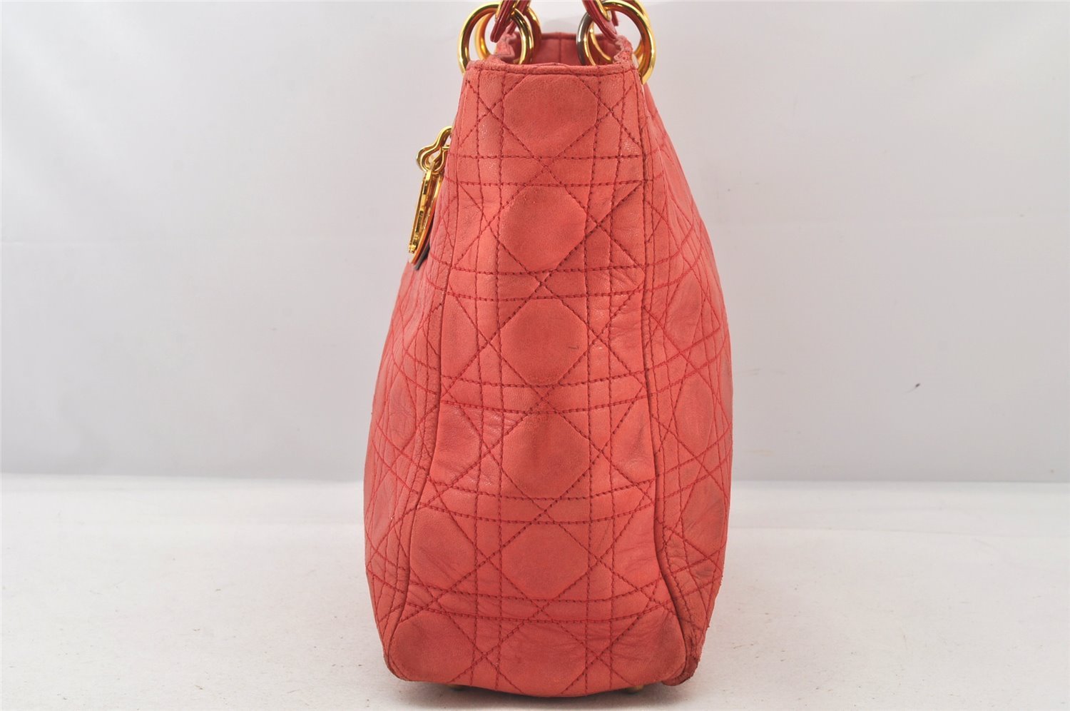 Authentic Christian Dior Lady Dior Lamb Skin Cannage Hand Bag Red CD 6418K