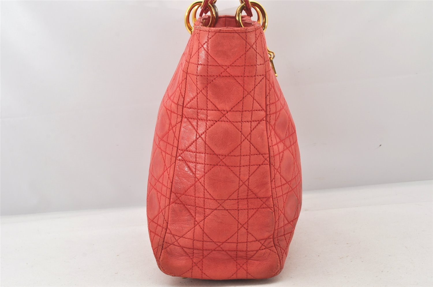 Authentic Christian Dior Lady Dior Lamb Skin Cannage Hand Bag Red CD 6418K