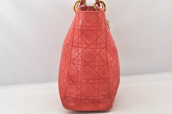 Authentic Christian Dior Lady Dior Lamb Skin Cannage Hand Bag Red CD 6418K