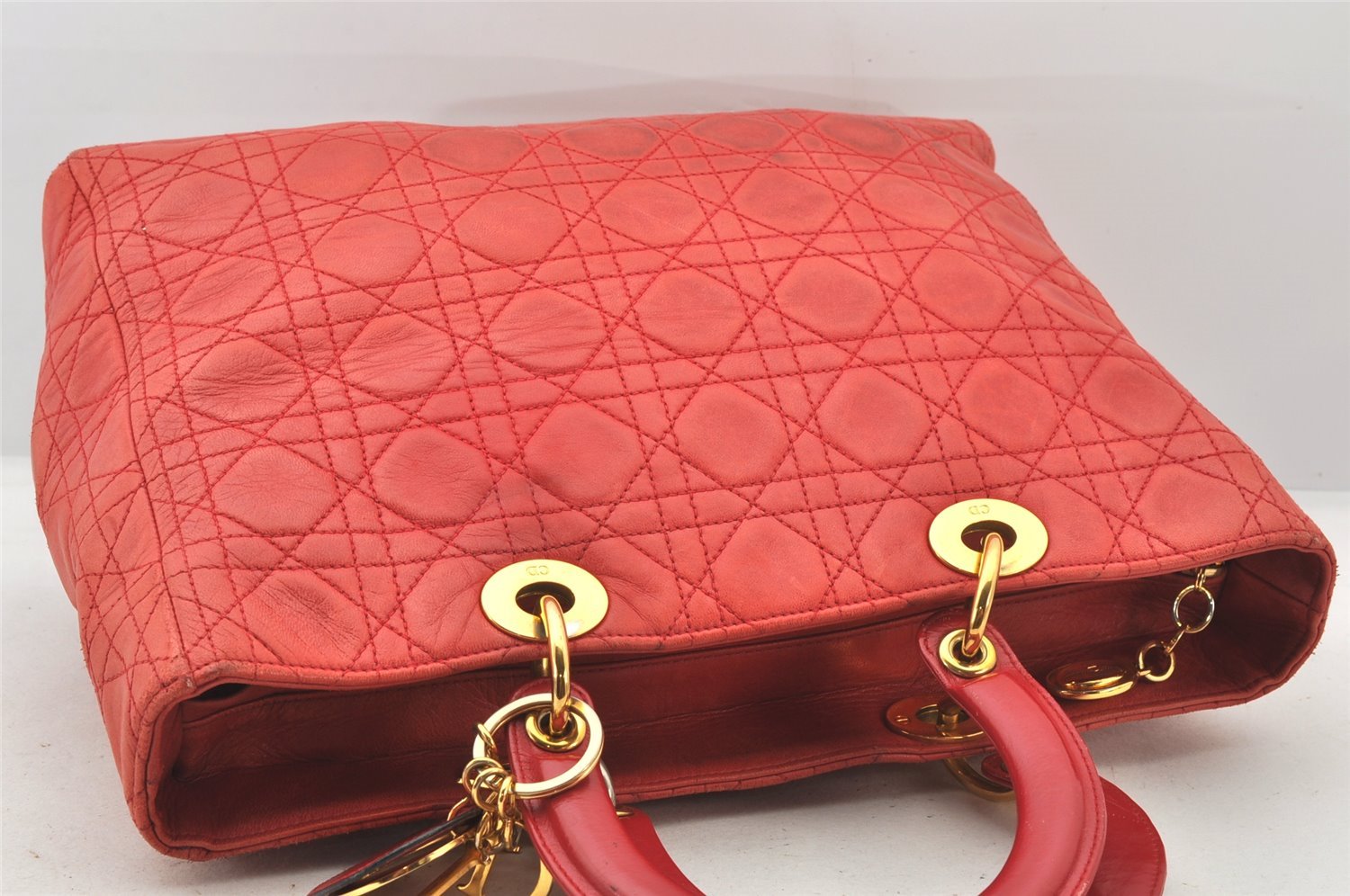 Authentic Christian Dior Lady Dior Lamb Skin Cannage Hand Bag Red CD 6418K