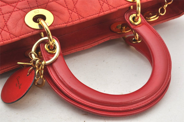 Authentic Christian Dior Lady Dior Lamb Skin Cannage Hand Bag Red CD 6418K