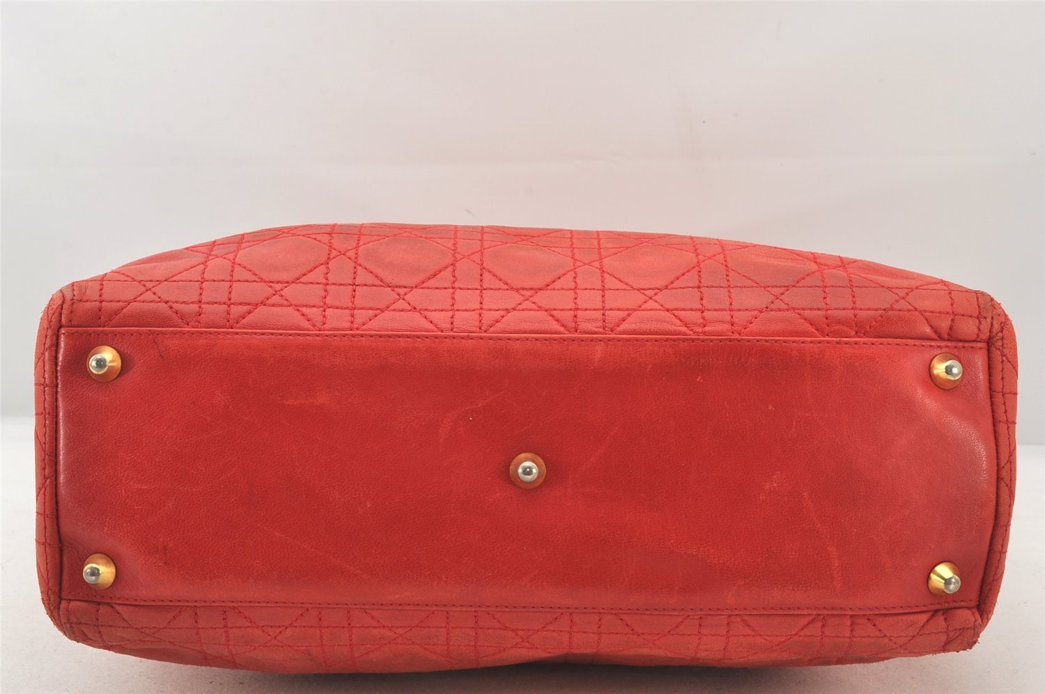 Authentic Christian Dior Lady Dior Lamb Skin Cannage Hand Bag Red CD 6418K