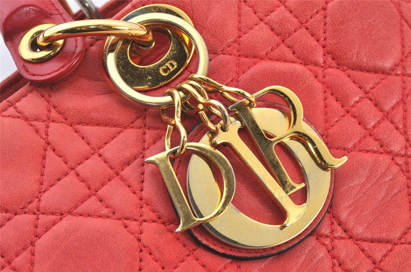 Authentic Christian Dior Lady Dior Lamb Skin Cannage Hand Bag Red CD 6418K