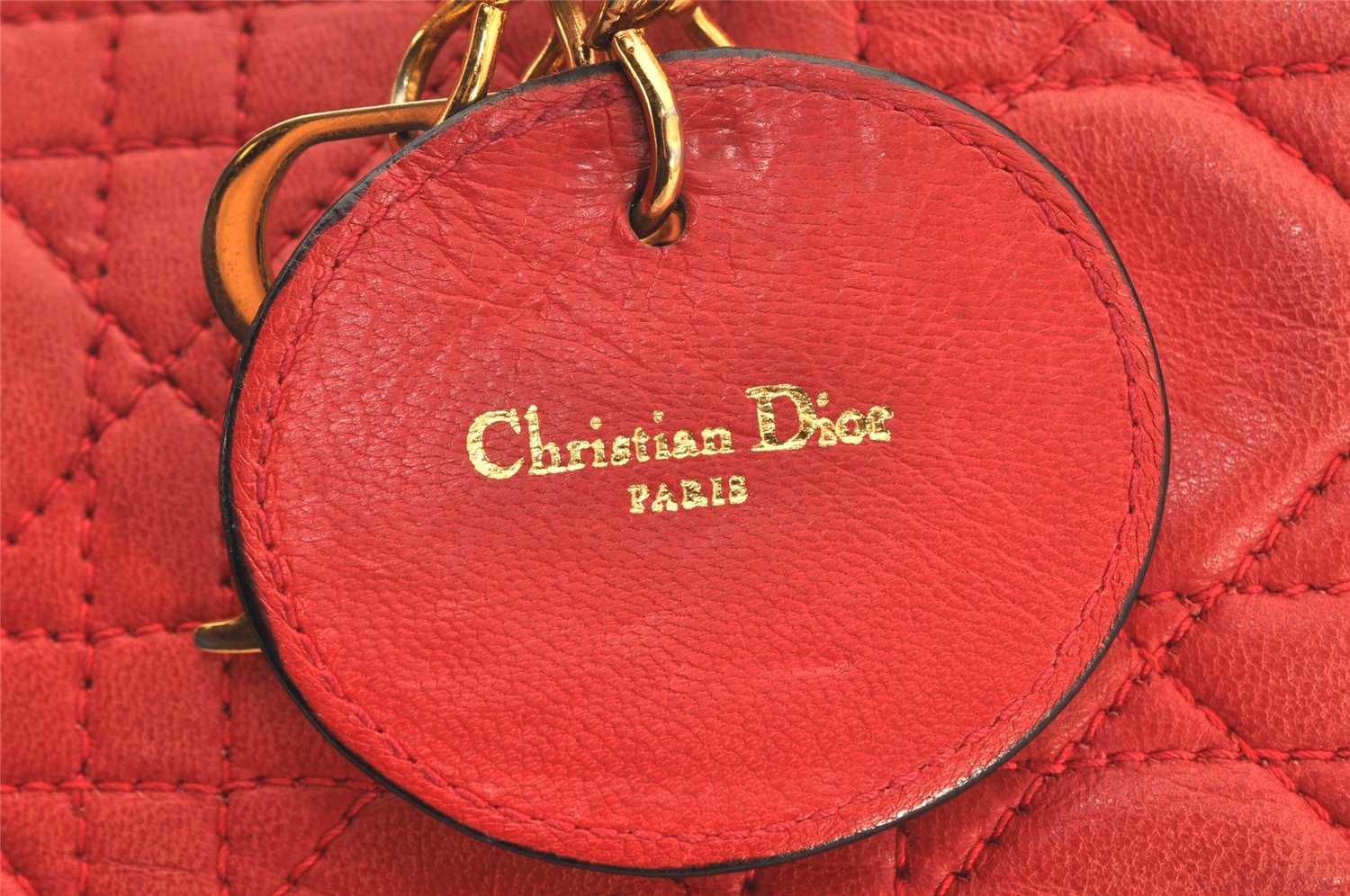 Authentic Christian Dior Lady Dior Lamb Skin Cannage Hand Bag Red CD 6418K