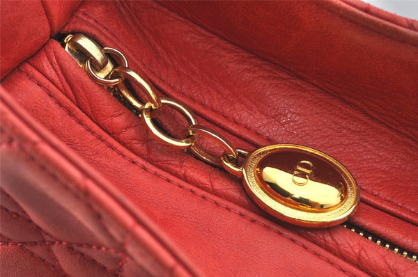 Authentic Christian Dior Lady Dior Lamb Skin Cannage Hand Bag Red CD 6418K