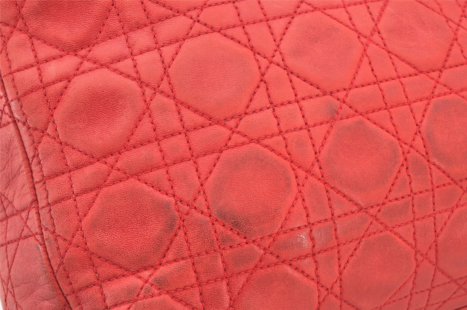 Authentic Christian Dior Lady Dior Lamb Skin Cannage Hand Bag Red CD 6418K