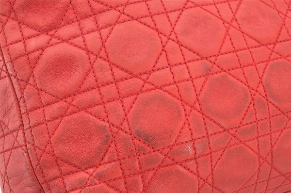 Authentic Christian Dior Lady Dior Lamb Skin Cannage Hand Bag Red CD 6418K