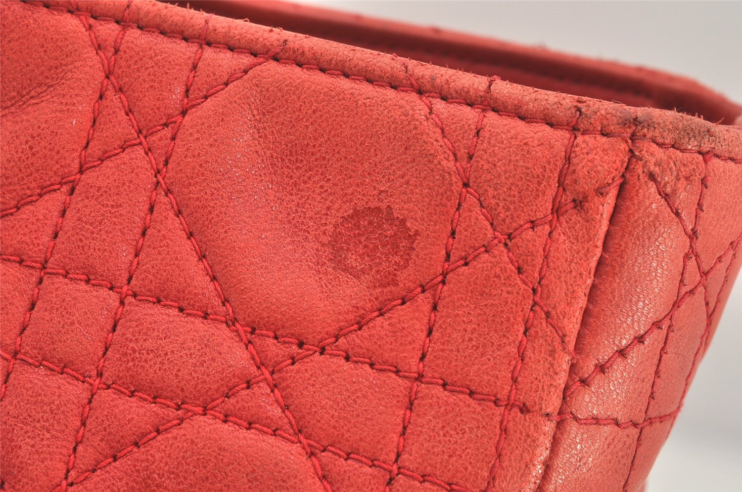 Authentic Christian Dior Lady Dior Lamb Skin Cannage Hand Bag Red CD 6418K