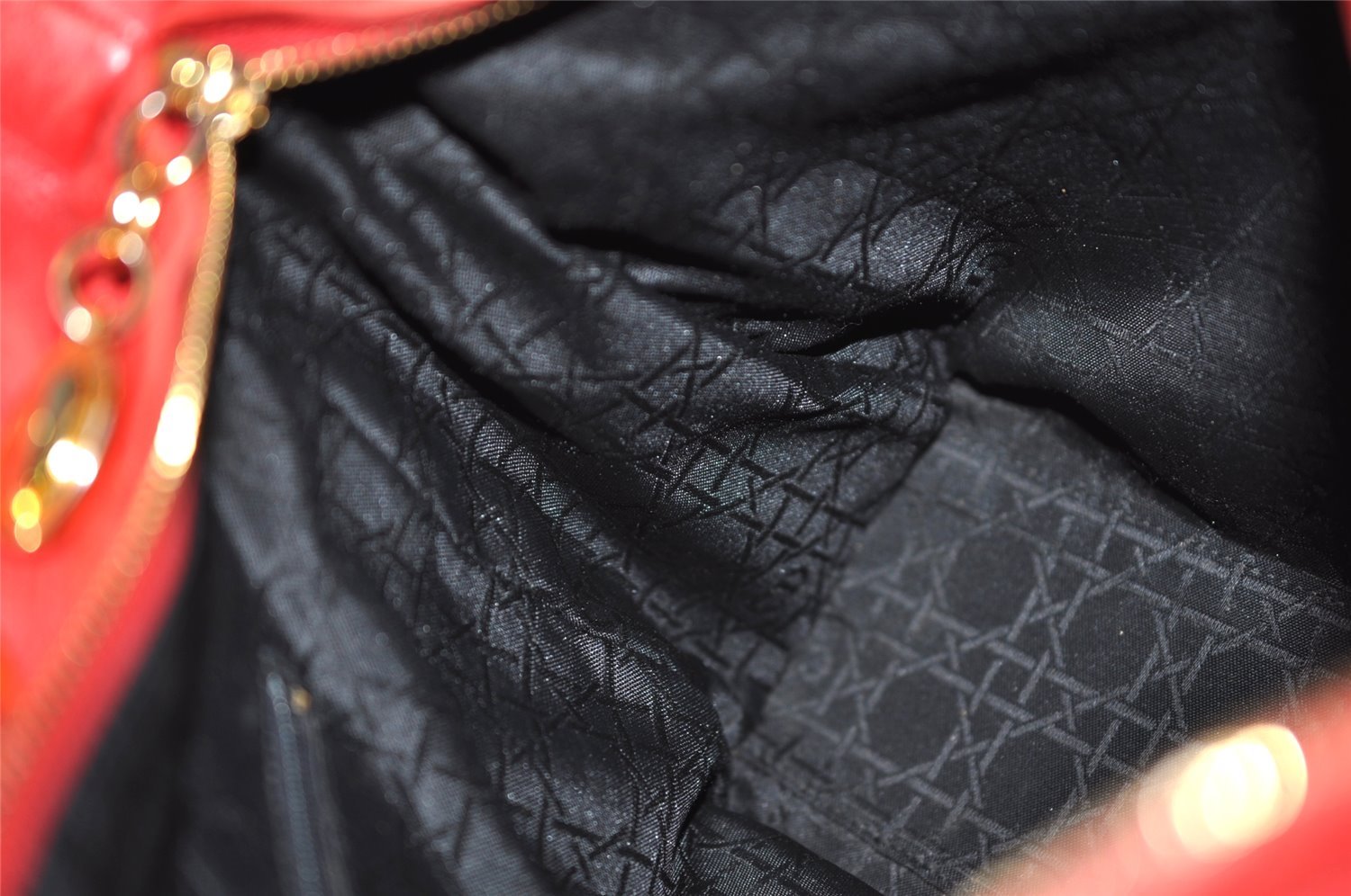Authentic Christian Dior Lady Dior Lamb Skin Cannage Hand Bag Red CD 6418K