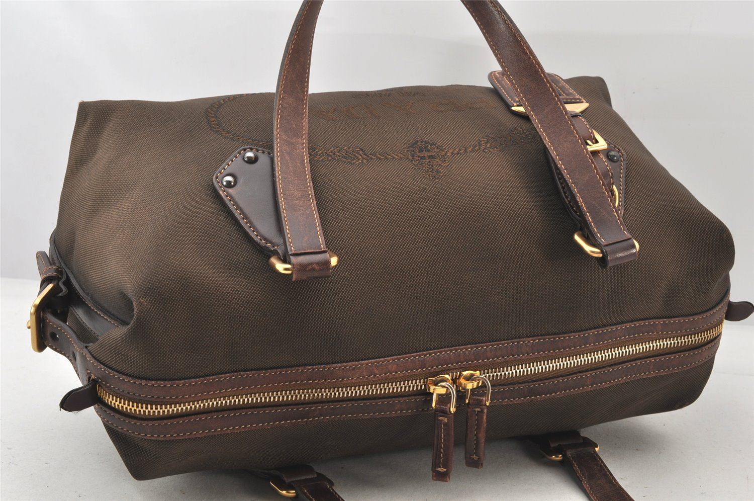 Authentic PRADA Vintage Canvas Leather Hand Boston Bag Purse Brown 6419K