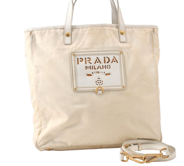 Authentic PRADA Nylon Tessuto Saffiano Leather 2Way Hand Tote Bag White 6422K