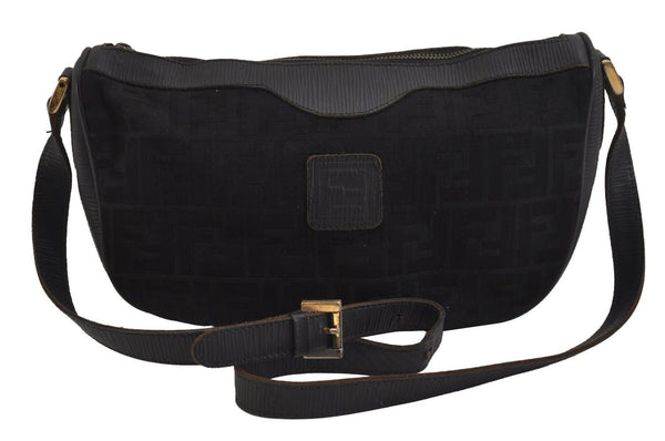 Authentic FENDI Zucca Shoulder Cross Body Bag Purse Canvas Leather Black 6423J