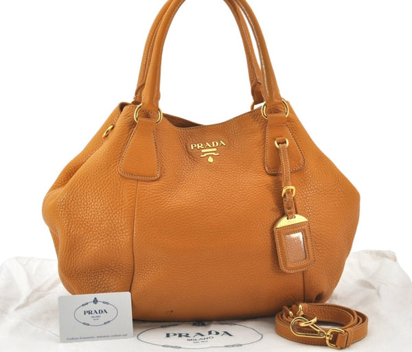 Authentic PRADA VIT.DAINO Leather 2Way Shoulder Tote Bag BN2343 Orange 6426K