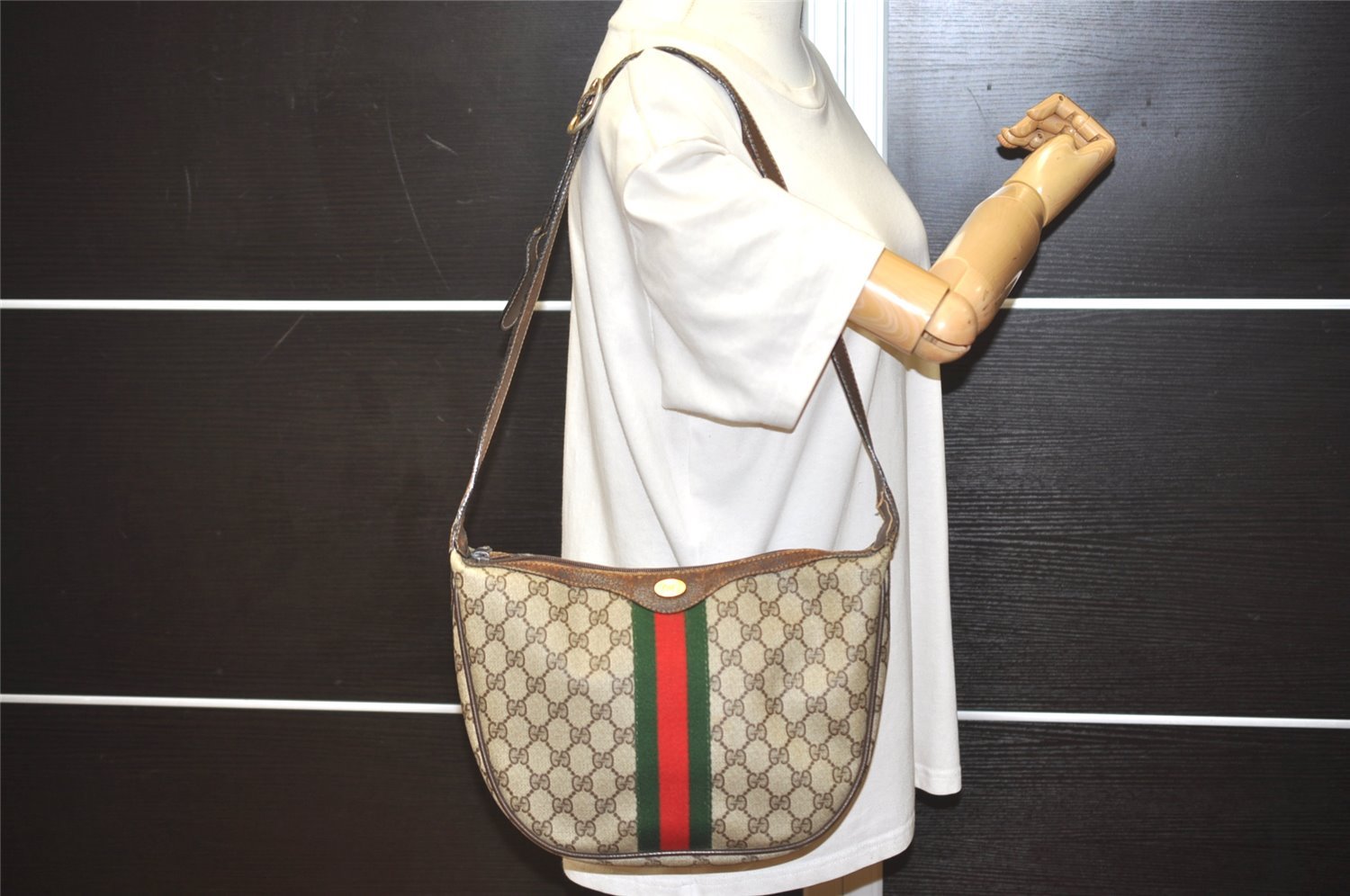 Authentic GUCCI Web Sherry Line Shoulder Cross Bag GG PVC Leather Brown 6442I