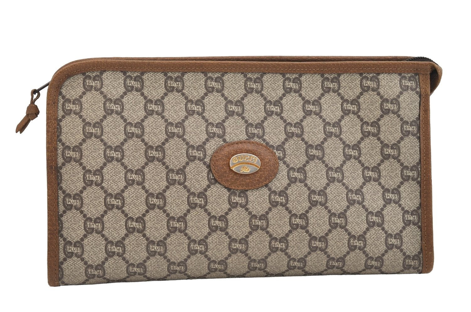Authentic GUCCI Vintage GG Plus Clutch Hand Bag Purse PVC Leather Brown 6442J