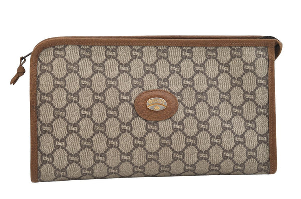 Authentic GUCCI Vintage GG Plus Clutch Hand Bag Purse PVC Leather Brown 6442J