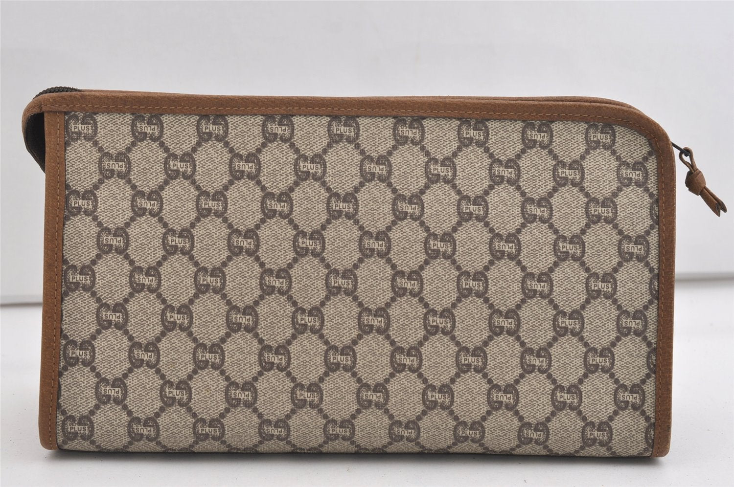 Authentic GUCCI Vintage GG Plus Clutch Hand Bag Purse PVC Leather Brown 6442J