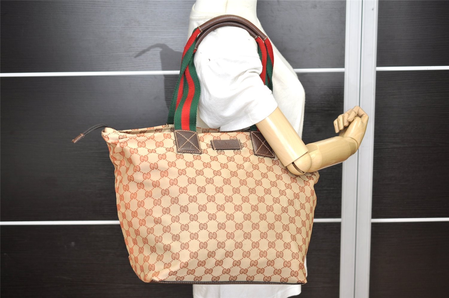 Authentic GUCCI Web Sherry Line Tote Bag GG Canvas Leather 131231 Brown 6445K