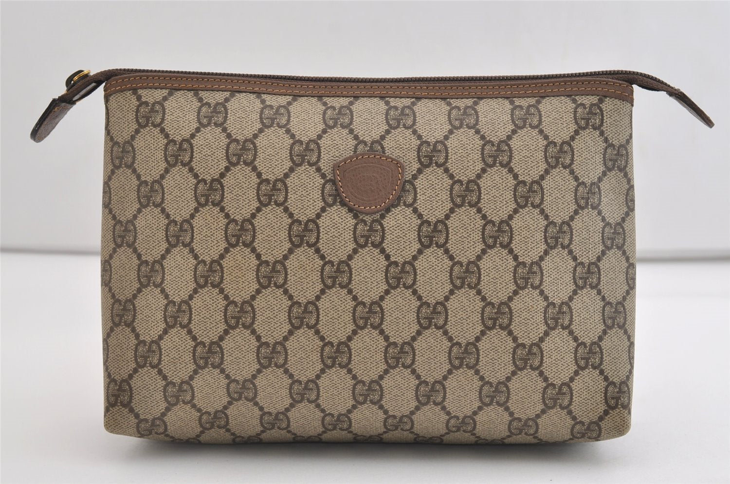 Authentic GUCCI Vintage Clutch Hand Bag Purse GG PVC Leather Brown 6450J