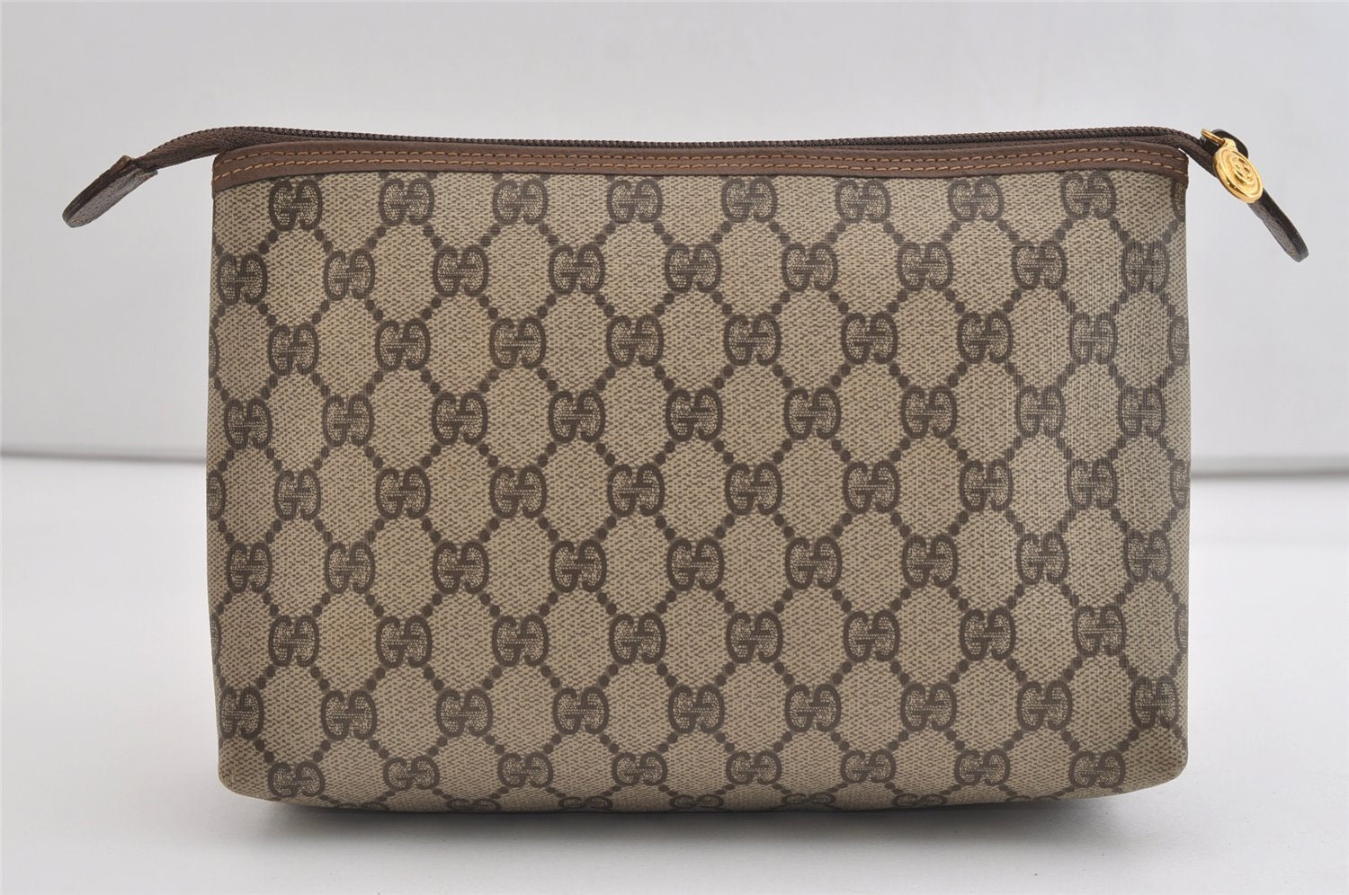 Authentic GUCCI Vintage Clutch Hand Bag Purse GG PVC Leather Brown 6450J