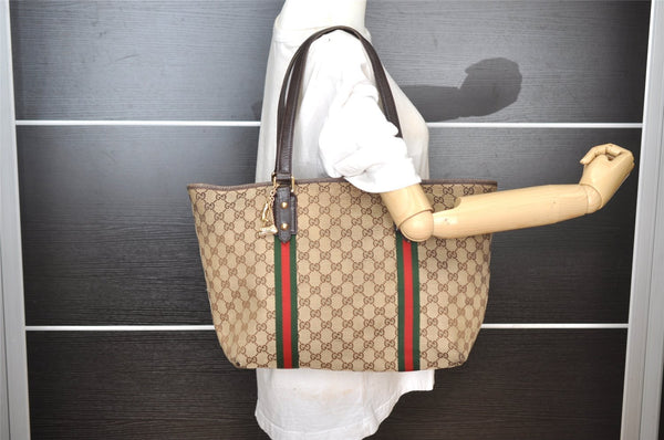 Authentic GUCCI Web Sherry Line Tote Bag GG Canvas Leather 139260 Brown 6462I