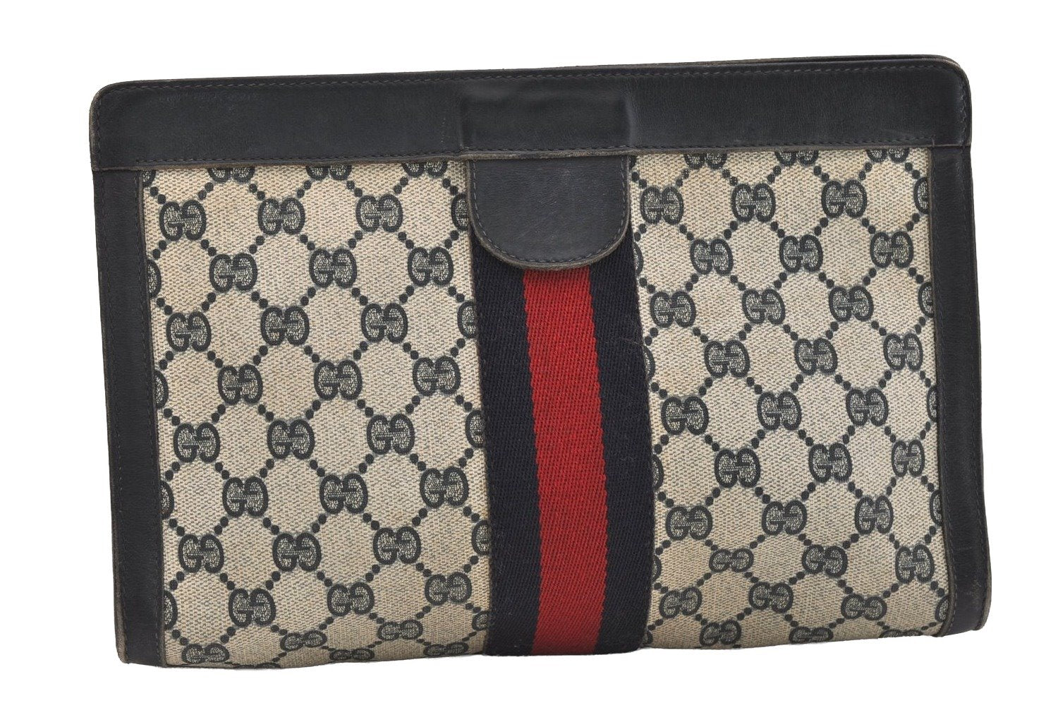 Authentic GUCCI Sherry Line Clutch Hand Bag Purse GG PVC Leather Navy Blue 6467J