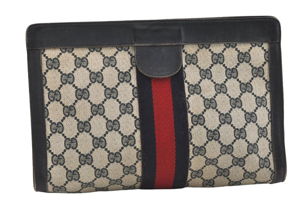 Authentic GUCCI Sherry Line Clutch Hand Bag Purse GG PVC Leather Navy Blue 6467J