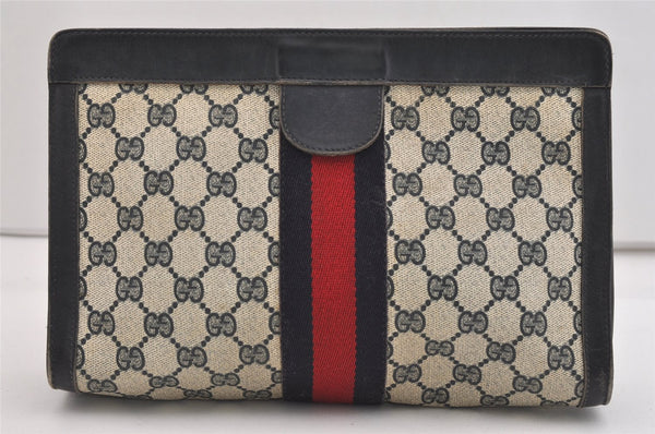 Authentic GUCCI Sherry Line Clutch Hand Bag Purse GG PVC Leather Navy Blue 6467J
