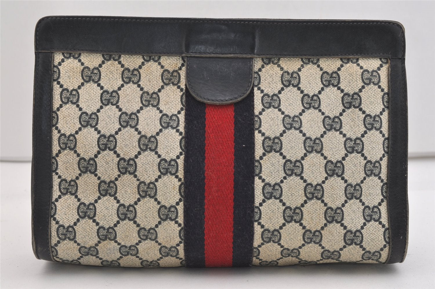 Authentic GUCCI Sherry Line Clutch Hand Bag Purse GG PVC Leather Navy Blue 6467J