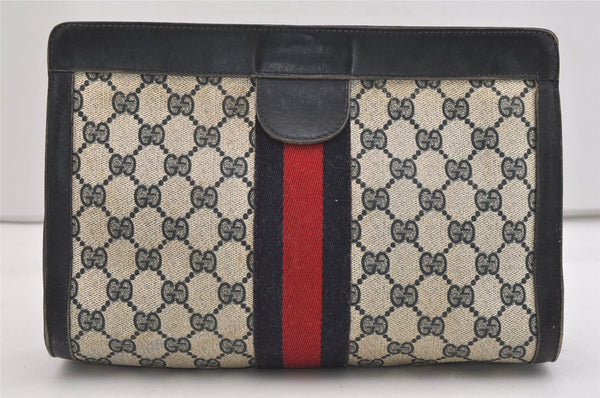 Authentic GUCCI Sherry Line Clutch Hand Bag Purse GG PVC Leather Navy Blue 6467J
