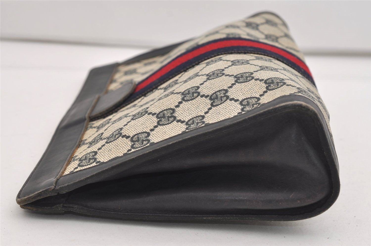 Authentic GUCCI Sherry Line Clutch Hand Bag Purse GG PVC Leather Navy Blue 6467J