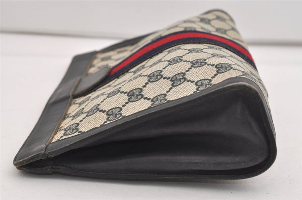 Authentic GUCCI Sherry Line Clutch Hand Bag Purse GG PVC Leather Navy Blue 6467J